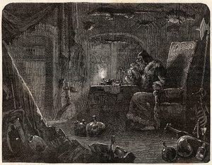 Alkemisten, som har lovat att göra guld, arbetar i sitt laboratorium: Alkemisten på 1600-talet - i "Paris a travers les cules"" av Nicolas Jules Henri Gourdon de Kennouillac (1826-1898) av French School