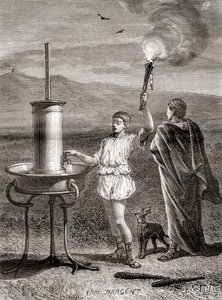 Det antika grekiska hydrauliska semaforsystemet som används av Aeneas för att skicka ett meddelande, 300-talet f.Kr., från Les Merveilles de la Science, publicerat ca 1870 (gravyr) av French School