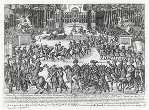 Ankomsten av Mehmed Celebi Efendi, ambassadör för Sultan Ahmed III av Turkiet, till Tuilerierna för att tas emot av Ludvig XV 1721 (gravyr) av French School