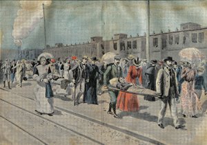 Ankomsten av ett tåg för de sjuka till stationen i Lourdes, där bårarna transporterar dem direkt till den mirakulösa grottan och damerna i föreningen Notre-Dame de Salvation och antagandets småsystrar tittar på med förtäring på dagen av French School