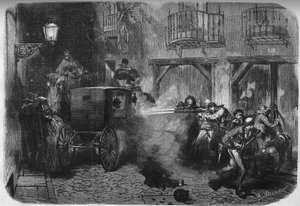 Mordet på Juan Prim y Prats (1814-1870), spansk general och politiker, vid hans utfart från Cortes, på gatan del Turco i Madrid den 28 december 1870. Gravyr i "" Le Monde Illustré"" n°724 av 25 februari 1871. av French School