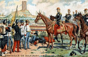 Slaget vid Solferino (Italien) mellan de fransk-sardiska (segrare) och österrikiska (besegrade) arméerna 1859. Kromolitografi av 1800-talet. av French School