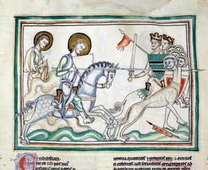 Kampen med draken har sju huvuden: riddare slåss mot en drake med flera huvuden, med spjut, som förkroppsligar de sju kungarna. Miniatyr hämtad från "The Apocalypse of Cambrai"" upplyst av den franska skolan på 1200-talet. Fröken 422. Kommunbibliotek av French School
