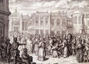 Papesse Jeannes födelse - i "" History of the Papesse Jeanne"" av M. de Spanheim, Haag av French School