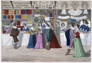 Butikerna i galleriet i tingshuset under Ludvig XIII - i "Paris genom århundradena"" av French School