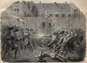 Briganden Louis Dominique Garthausen dit Cartridge (1693-1721) och hans följeslagare som ska ta bort Hotel Desmaretz i Paris, överraskas och attackeras av bågskyttarna efter en hård kamp, de flyr genom taken - den franske briganden Louis Domini av French School