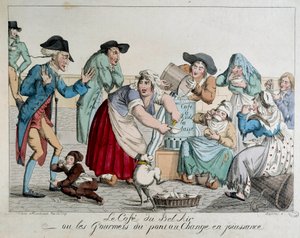 Caféet du Bel Air eller gourmeterna på Pont au Change njuter av parisare utan pengar dricker kaffe har koppen framför de rädda ögonen på en adelsman. Anonymt 1700-talstryck. Paris, Musée Carnavalet av French School