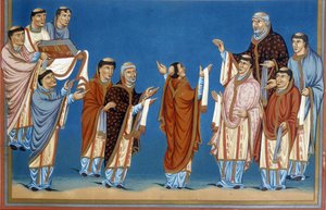 Kanonerna i Saint Martin (Saint Martin) i Tours erbjuder kung Charles II kallad the Bald (823-877), en bibel skriven i deras kloster. av French School