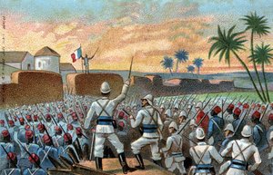 Erövringen av Abomey, tidigare huvudstad i Behanzin (Benin idag) av den franska expeditionsstyrkan på uppdrag av general Alfred Amedee Dodds (17 november av French School