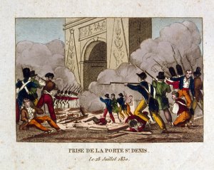 Intagandet av St Denis-porten i Paris under franska revolutionen 1830 av French School
