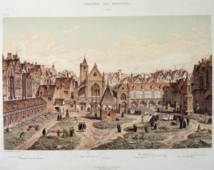 De oskyldigas kyrka och kyrkogård 1550 - i "Paris a travers les ages", sent 1800-tal. av French School