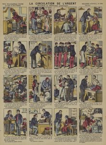 Cirkulationen av pengar (färg litho) av French School