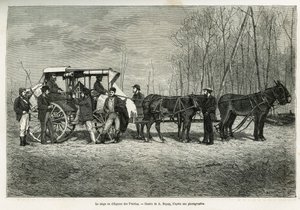 Kursen eller flit på präriernas häst, teckning av A.Dupuis, för att illustrera historien om en utflykt till Kanada och den norra röda floden, 1873, av H. de Lamotte. Gravyr i Le tour du monde av French School