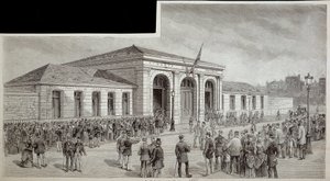 Folkmassan framför bårhuset i Paris 1886. av French School