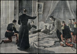 Döden av Felix Faure (1841-1899), Frankrikes president, Abbe Renault gav honom absolutionen. Gravyr i "" Le Pelerin"" 1899-02-26. av French School