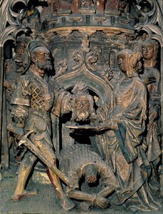 Johannes döparens död Johannes döparens huvud placeras på en platå som Salome presenterar för sin mor. Ristade relief av Cathedrale Notre-Dame d