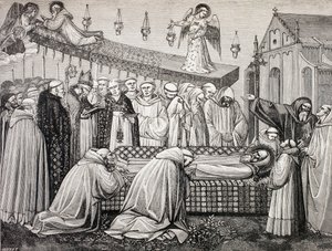 Benedikt af Nursias død i klosteret Monte Cassino, fra 