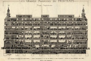 Varuhusen i Printemps 1889, längsgående sektion, från Rue du Havre till Rue Caumartin, teckning av Berteault, Bianchetti-samlingen. av French School