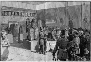 Depoumenteringen av Mumien av Sesostris (Rhamses II) vid Musee de Boulaq (Kairo, Egypten) av Gaston Maspero i närvaro av khediven Tewfik. Gravyr i "The Illustrous World" 1886. av French School
