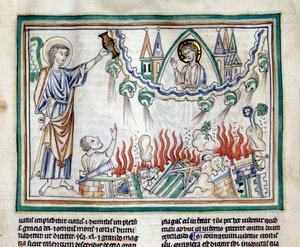 Förstörelsen av Babylons miniatyr hämtad från "The Apocalypse of Cambrai"" upplyst av den franska skolan på 1200-talet. Ms 422. Kommunalbibliotek, Cambrai av French School