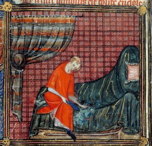 Drömmen, detalj: The Lover klänningar. Miniatyr i "" Roman de la rose"" av Jean de Meun, Jean de Meung eller Jean Chopinel, Jean Clopinel (v.1240-1305), cirka 1370. Chantilly, Musee Conde av French School