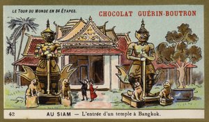Ingången till ett tempel i Bangkok, Siam (chromolitho) av French School