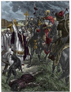 Den eveque Saint Loup av Troyes arretes Attila kung av hunnerna före Troyes - Barbarian invasioner - Gravyr efter målningen av H. Grobert. av French School
