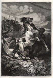 Avrättningen av Brunhilda av Austrasia av Chlothar II, 613 - Brunehauts (eller Brunehildes) död beordrad av Clotaire (Clothaire) II (613). gravyr av French School