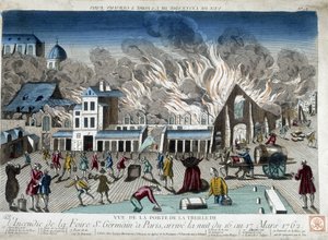 Branden på St Germain-mässan i Paris, natten mellan den 16 och 17 mars 1762 - gravyr av French School