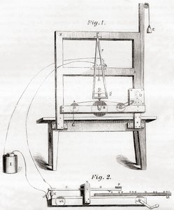 Den första elektriska telegrafen som uppfanns av Samuel Morse 1837, från Les Merveilles de la Science, publicerad ca 1870 (gravyr) av French School