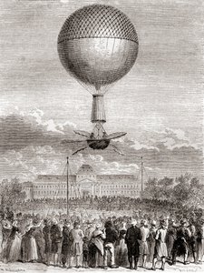 Jean-Pierre François Blanchards första framgångsrika ballongflygning den 2 mars 1784, i en vätgasballong uppskjuten från Champ de Mars, Paris, Frankrike, från Les Merveilles de la Science, publicerad ca 1870 (gravyr) av French School