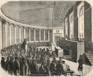 Den stora amfiteatern under en tävling vid lagskolan i Paris - Gravyr i "Tableau-de-Paris" av Edmond Texier 1852 av French School