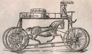 Hippocycle: uppfinning för "hästvård" som ett transportmedel efter ankomsten av bilar och cyklar. Gravyr i "" Le Pelerin"" av 9 augusti av French School
