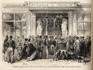 Hästslaktaren vid barriere de Fontainebleau (Paris) öppnade 1866 - butcherie chevaline - Boucherie Meat de Cheval Boulevard Italien nära barriere de Fontainebleau 1866) Gravyr i "Le monde illustrious" från 1866 av French School