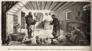 Interiören i huset för boten i Mune, byn Les Cici, som är värd för berättaren i huvudrummet, där en kvinna tvättar på sina knän, bredvid fjäderfän som bor där i full frihet, gravyr efter en teckning av Lafosse illustratin av French School