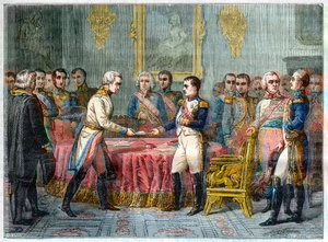 Intervjun av Erfurt, 27 september - 14 oktober 1808 - Napoleon I tar emot Baron Vincent, österrikisk diplomat och sändebud för kejsaren av Österrike till höger Alexander I av Ryssland (1777-1825) - Prinsförsamlingen i Erfurt den 27 september 1808 ( Napoleo av French School