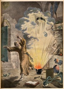 Uppfinningen av krut av den tyske munken och alkemisten Berthold Schwartz (ca 1318-1384) - Illustrerande uppfinningar. Pulvret. Illustration för Le petit Journal, 27 januari 1901. av French School
