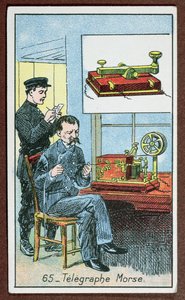 Uppfinningen av telegrafi med morsekod, nummer 65 i en serie kort som visar stora uppfinningar, ca 1910 av French School