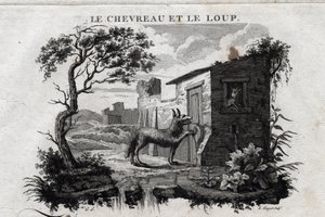 Ungen och vargen. Fabel av Esope. (Grekisk författare Esopo eller Ecopus, 600-talet f.Kr.) Skriven av Guillaume Montfort och Gravees av Beauble 1801. av French School