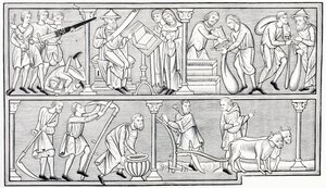 Krigets, vetenskapens, handelns och jordbrukets arbete, efter en miniatyr i en psalter från 1200-talet, från Les Arts au Moyen Age, publicerad 1873 av French School