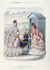 Det senaste modet i Paris för stranden och simningen, 1872 (färggravyr) av French School