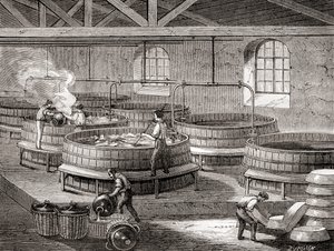 Tillverkning av tvål i stora tankar på 1800-talet, från "Les Merveilles de la Science", publicerad ca 1870 (gravyr) av French School