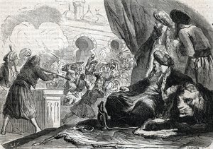 "Massakern på janitsjarernas armé 1826 av Sultan Mahmoud II, Konstantinopel" (gravyr) 1864 av French School