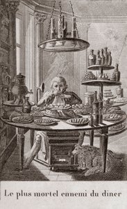Middagens mest dödliga fiende - gravering i "" Almanach av gourmeter, tjänar som en guide på sätt att göra utmärkt kära. Av en gammal amatör”” av Alexandre Balthazar Laurent Grimod de la Reyniere - 1804-1812 av French School