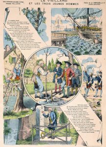 Den gamle mannen och de tre unga männen - Fables de La Fontaine i bilder av Epinal av French School