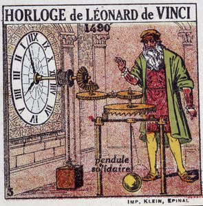 Den pendulära klockan av Leonardo da Vinci (Leonardo da Vinci) (1452 - 1519) (pendel 1490) - i "" Energi"" av Henri Arnould, ed. Quillet, Paris, 1900-talet av French School