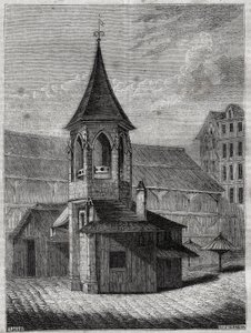 Hallernas pelare på 1700-talet, byggd på de oskyldigas gamla kyrkogård - Gravyr i "Paris fysiska, civila och moraliska historia: från de tidigaste historiska tiderna till idag" av Jacques Antoine Dulaure av French School