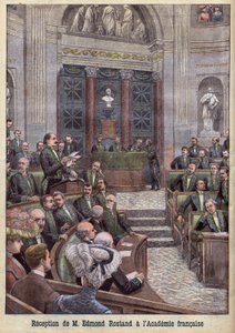 Poeten och dramatikern Edmond Rostand tas emot i Academy Francaise för "Le Petit Journal" av French School
