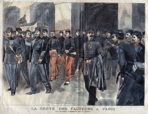 Brevbärarna strejkar: soldater och kommunala vakter anklagade för utdelning av brev i Paris. Gravyr från 1899 i "" La petite Gironde"" av French School