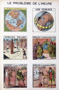 Tidens problem: Orbis Terrea, spindeln, solklockan, klocka av Aroum Al Racshid, Gerbert uppfinner Foliot, klocka av Leonardo da Vinci (Leonardo da Vinci) - gravyr, deb. 1900-talet av French School